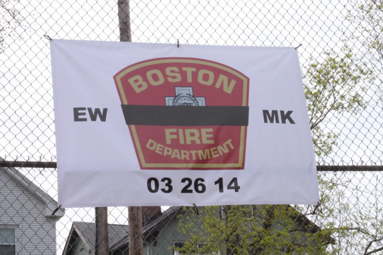 The banner honoring fallen Boston Firefighters Ed Walsh, a Watertown native, and Michael Kennedy will be on the backstop at Casey Field this season.