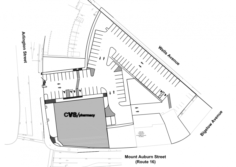 A site plan for the CVS/Pharmacy proposed for the corner of Mt. Auburn and Arlington streets.