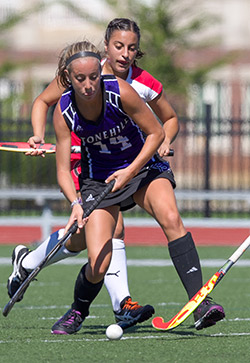 Watertown grad Lauren Giordano scored the first two goals for Stonehill in the 4-0 win over Bentley. 
