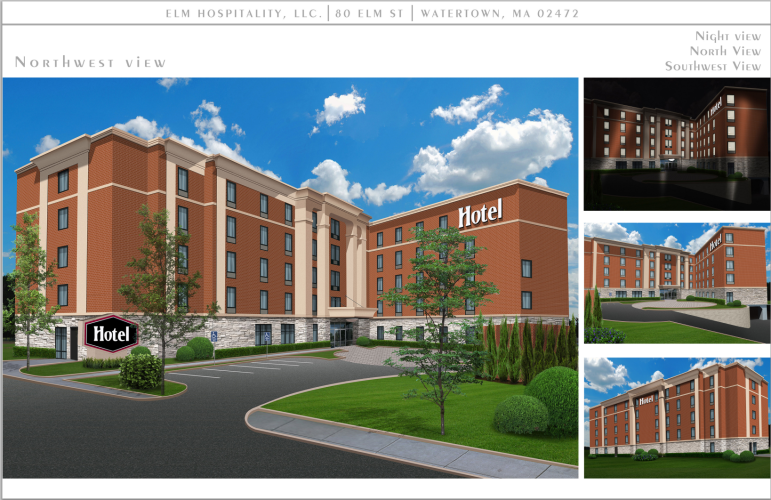 Architectural renderings of the hotel near Target submitted by Elm Hospitality LLC to the Watertown Planning Department. 
