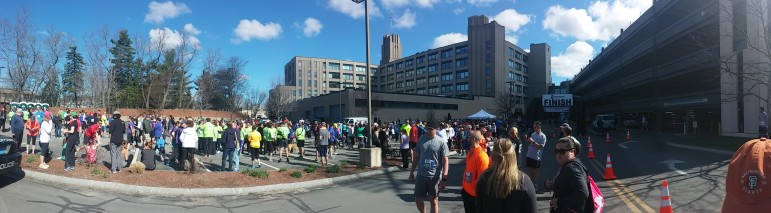 Runners fill the Tufts Health Plan parking lot before the second annual Watertown Finish Strong Race.