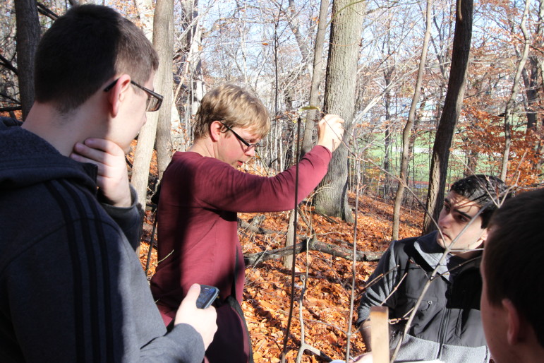 WHS teacher Erik Hiltunen works with his honors biology class to identify trees on Whitney Hill. 
