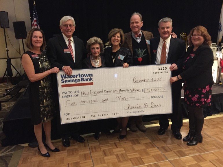Watertown Savings presented the New England Center and Home for Homeless Veterans with a check. Pictured, from left, Connie Braceland, WSB Club 50 Coordinator; Ron Dean, WSB Chief Executive Officer; Sonia Boyajian, President of Real Estate 109; Margaret Kantrowitz, New England Center and Home for Veterans Senior Philanthropic Officer; Livingston Taylor; Brett Dean, WSB President; and Karen Condor, Club 50 Assistant.