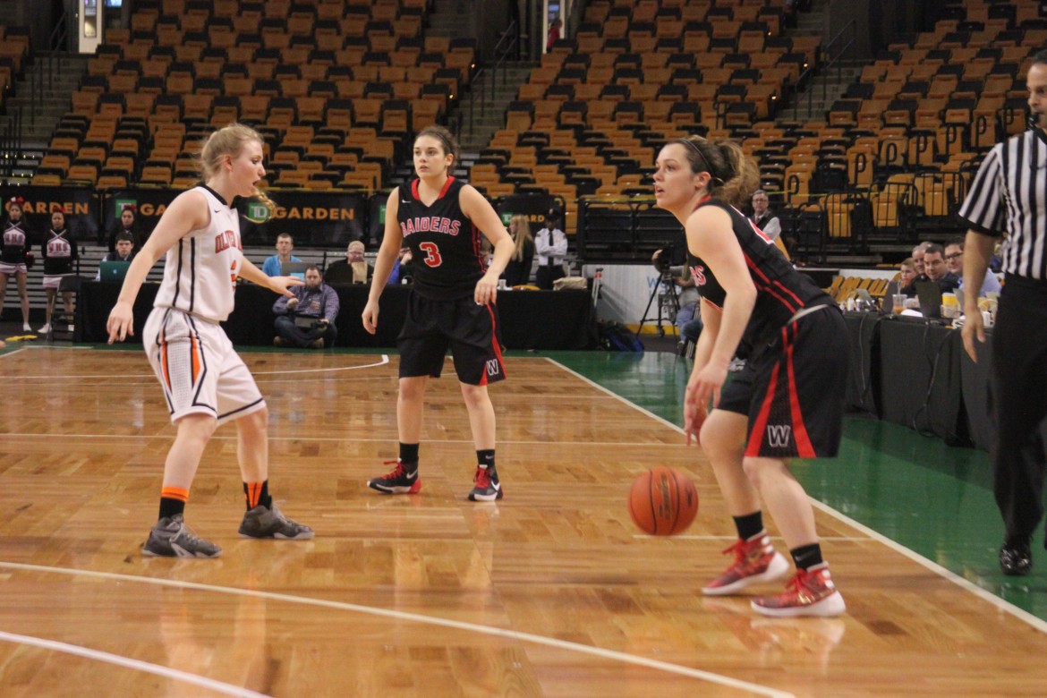 Watertown senior guard Nicole Lanzo, right, plays in the state semifinal in the TD Garden. She injured her knee in the game, however, and won't play in Saturday's state final.