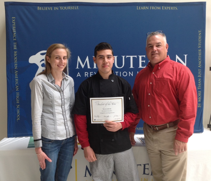 Junior Alexander Gonzalez of Watertown was named student of the term at Minuteman High School. Here he is pictured with his science Instructor Nina Griffin and Principal Jack Dillon. 
