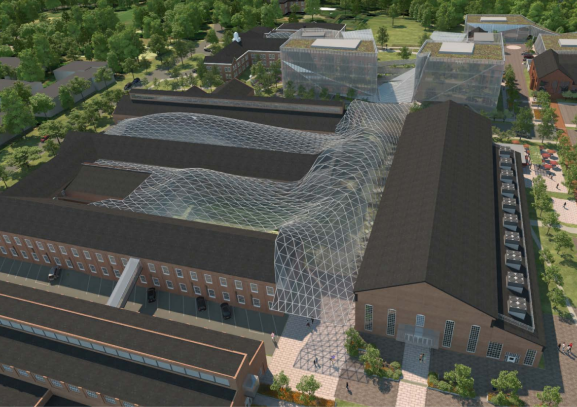 A glass-like roof will create covered open space on the east side of the Arsenal on the Charles campus. The new office space, Building 6, can be see in the background.