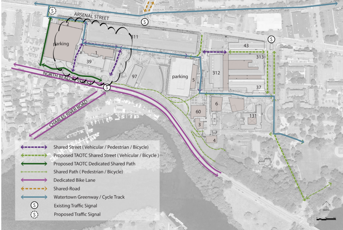Proposed new pedestrian and bicycle paths through the Arsenal on the the Charles complex.