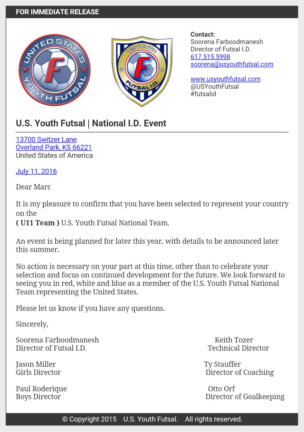 The letter inviting Marc Kim to participate in the Youth Futsal National Team.